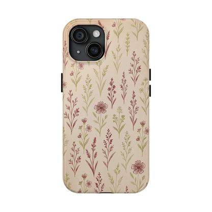 A classic Wildflower Pattern iPhone 15 case showcasing illustrated wildflowers by Jordan Kempain displayed on a white background.