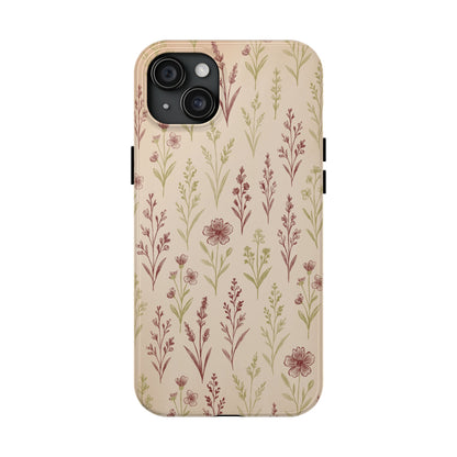 A classic Wildflower Pattern iPhone 15 Plus case showcasing illustrated wildflowers by Jordan Kempain displayed on a white background.