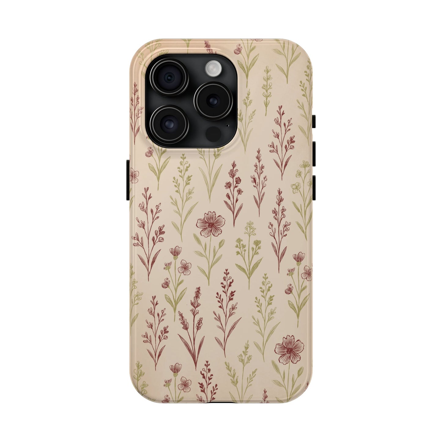 A classic Wildflower Pattern iPhone 15 Pro case showcasing illustrated wildflowers by Jordan Kempain displayed on a white background.