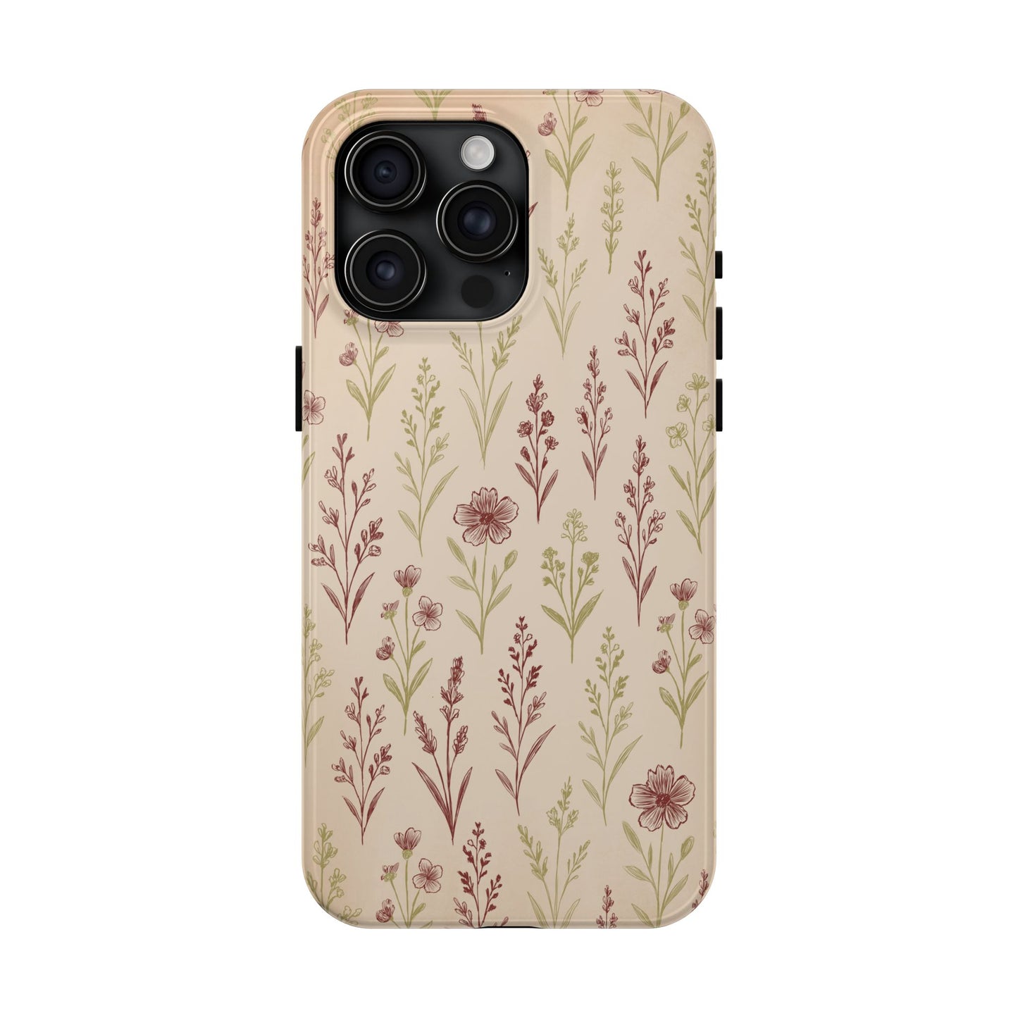 A classic Wildflower Pattern iPhone 15 Pro Max case showcasing illustrated wildflowers by Jordan Kempain displayed on a white background.