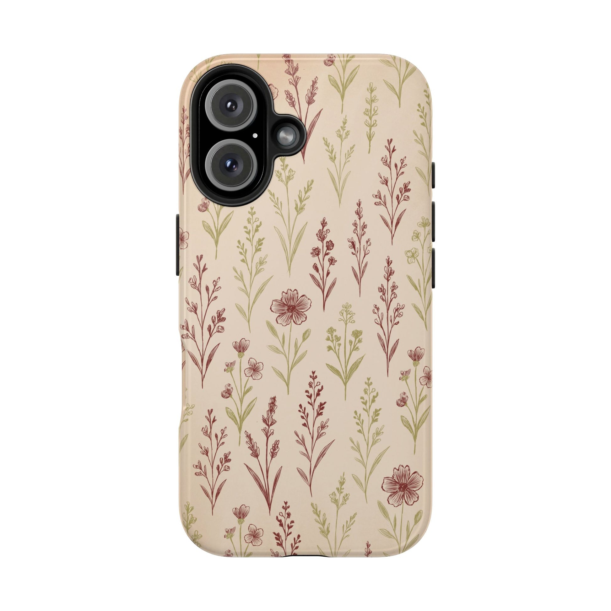 A classic Wildflower Pattern iPhone 16 case showcasing illustrated wildflowers by Jordan Kempain displayed on a white background.