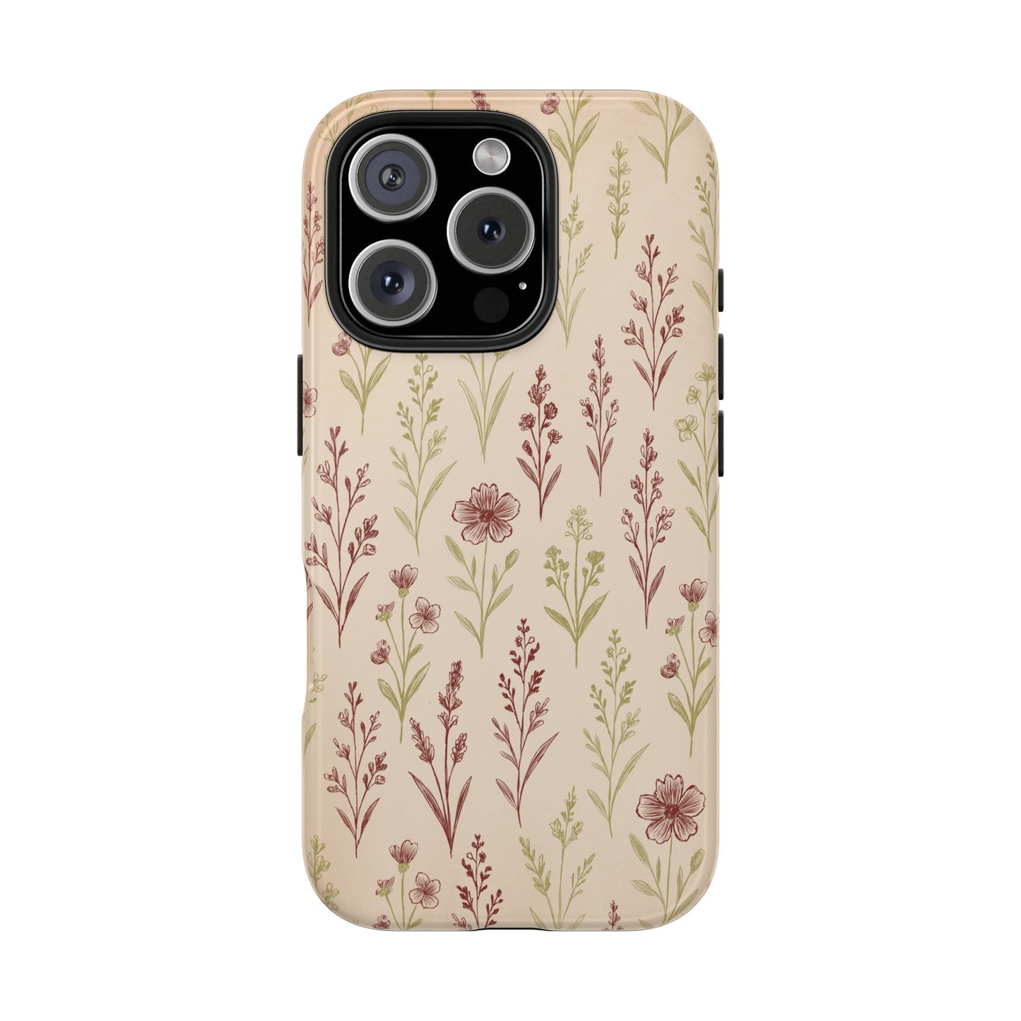 A classic Wildflower Pattern iPhone 16 Pro case showcasing illustrated wildflowers by Jordan Kempain displayed on a white background.