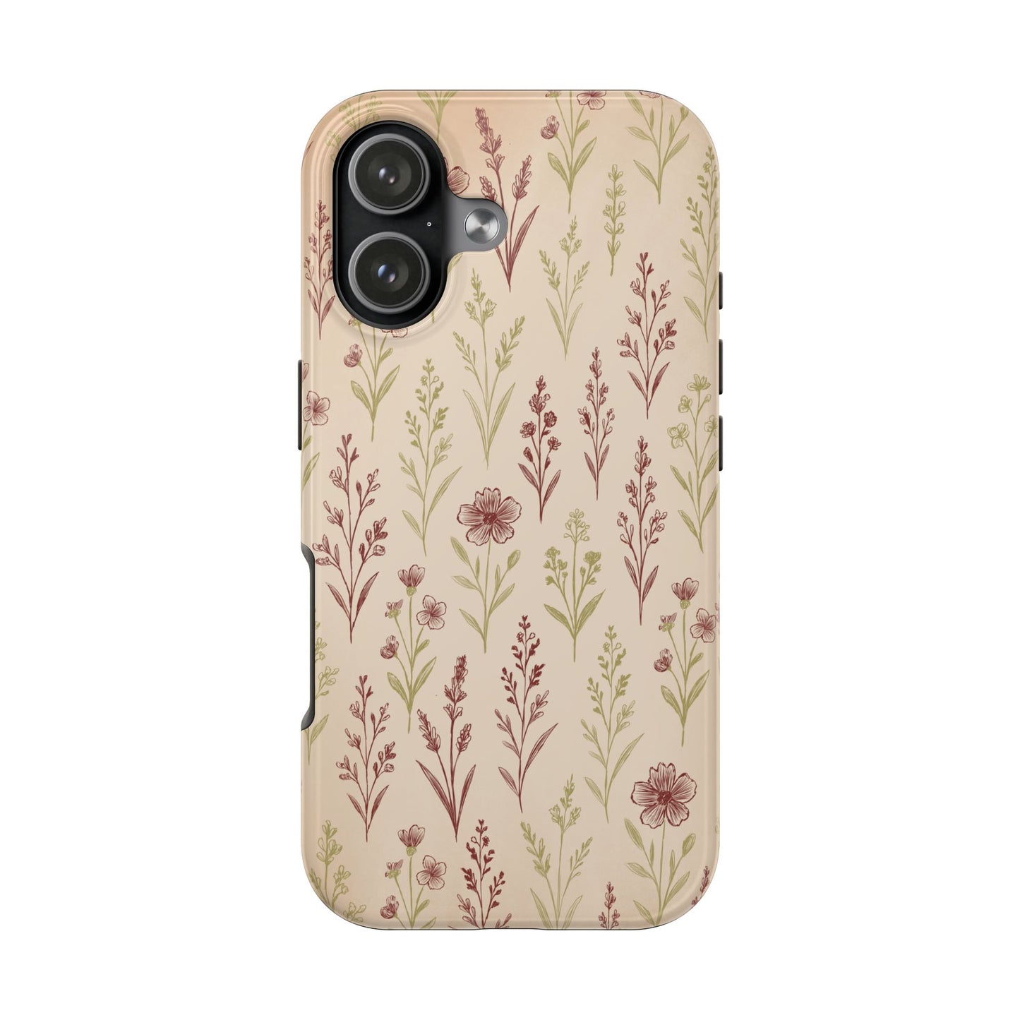 A classic Wildflower Pattern iPhone 17 case showcasing illustrated wildflowers by Jordan Kempain displayed on a white background.