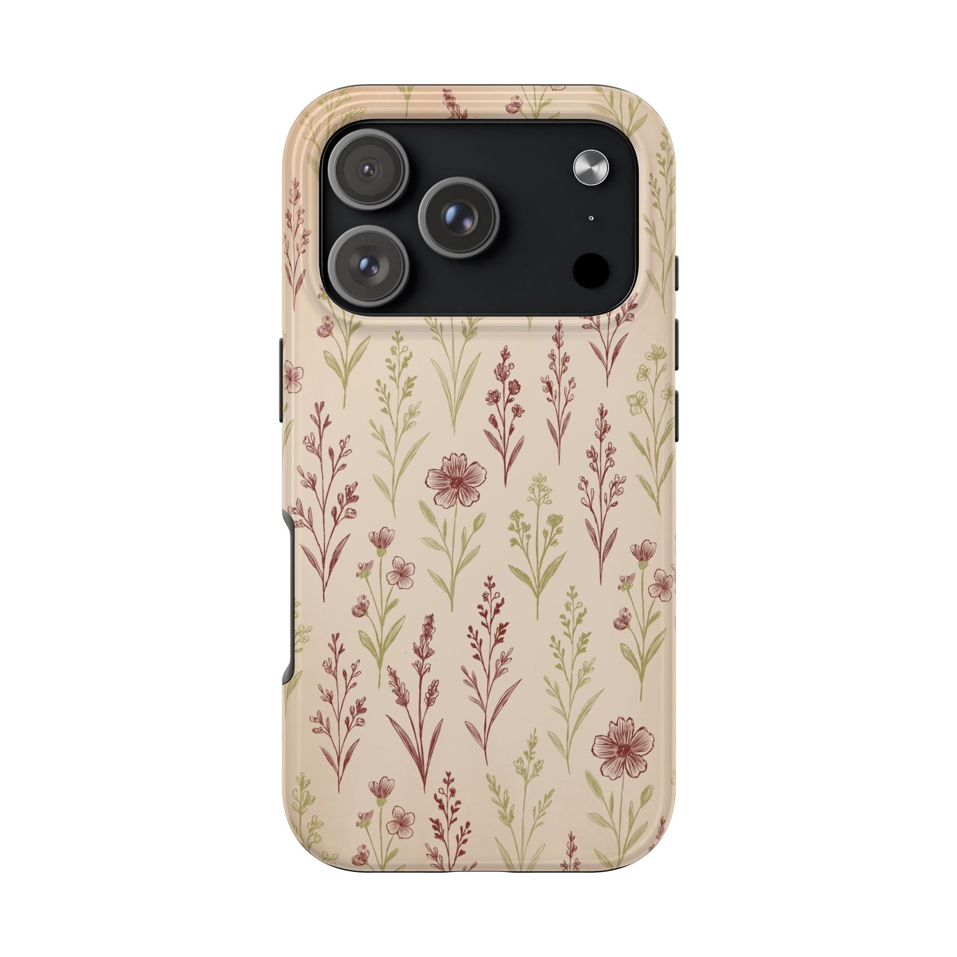 A classic Wildflower Pattern iPhone 17 Pro case showcasing illustrated wildflowers by Jordan Kempain displayed on a white background.