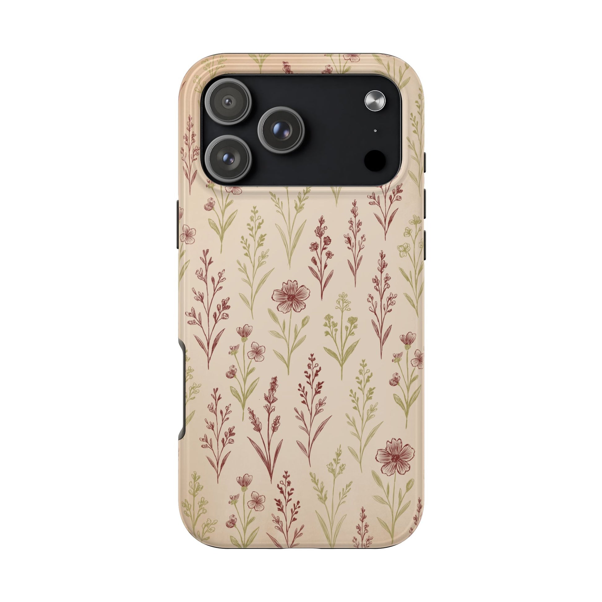 A classic Wildflower Pattern iPhone 17 Pro Max case showcasing illustrated wildflowers by Jordan Kempain displayed on a white background.