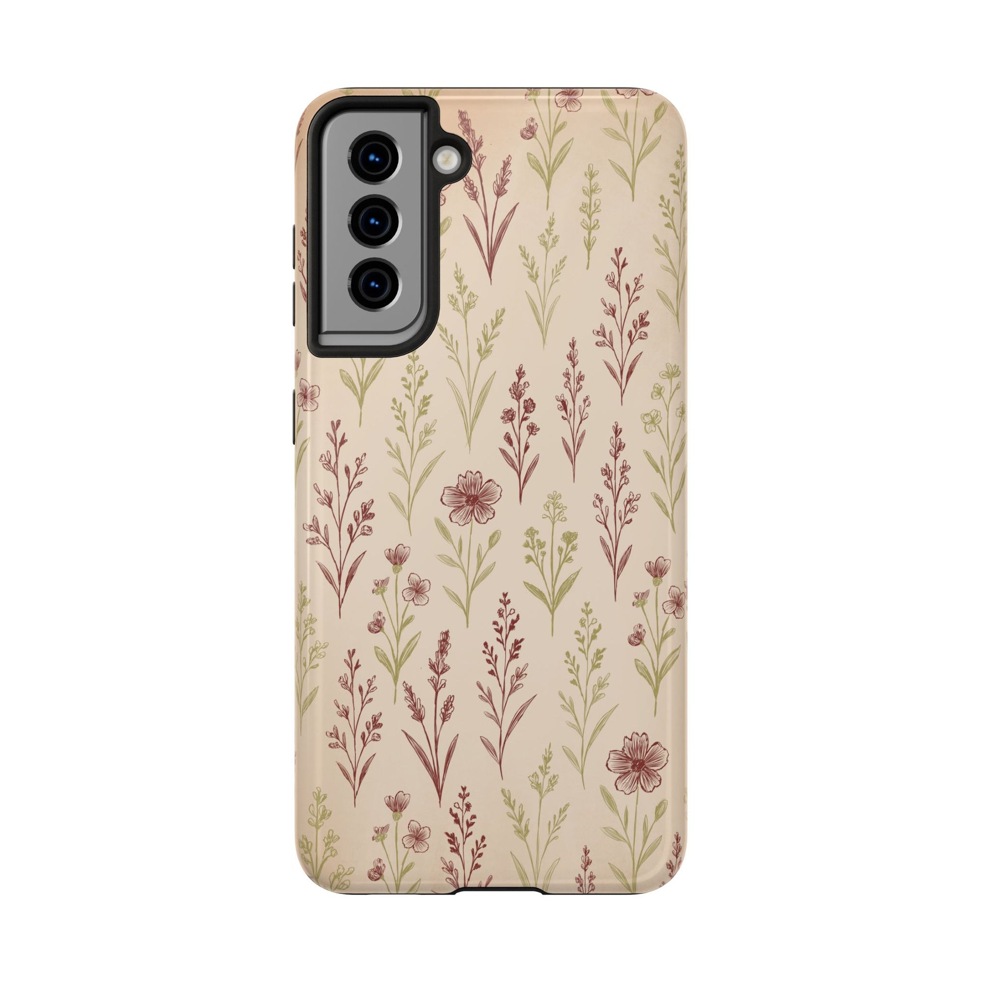 A classic Wildflower Pattern Samsung Galaxy S21 case showcasing illustrated wildflowers by Jordan Kempain displayed on a white background.