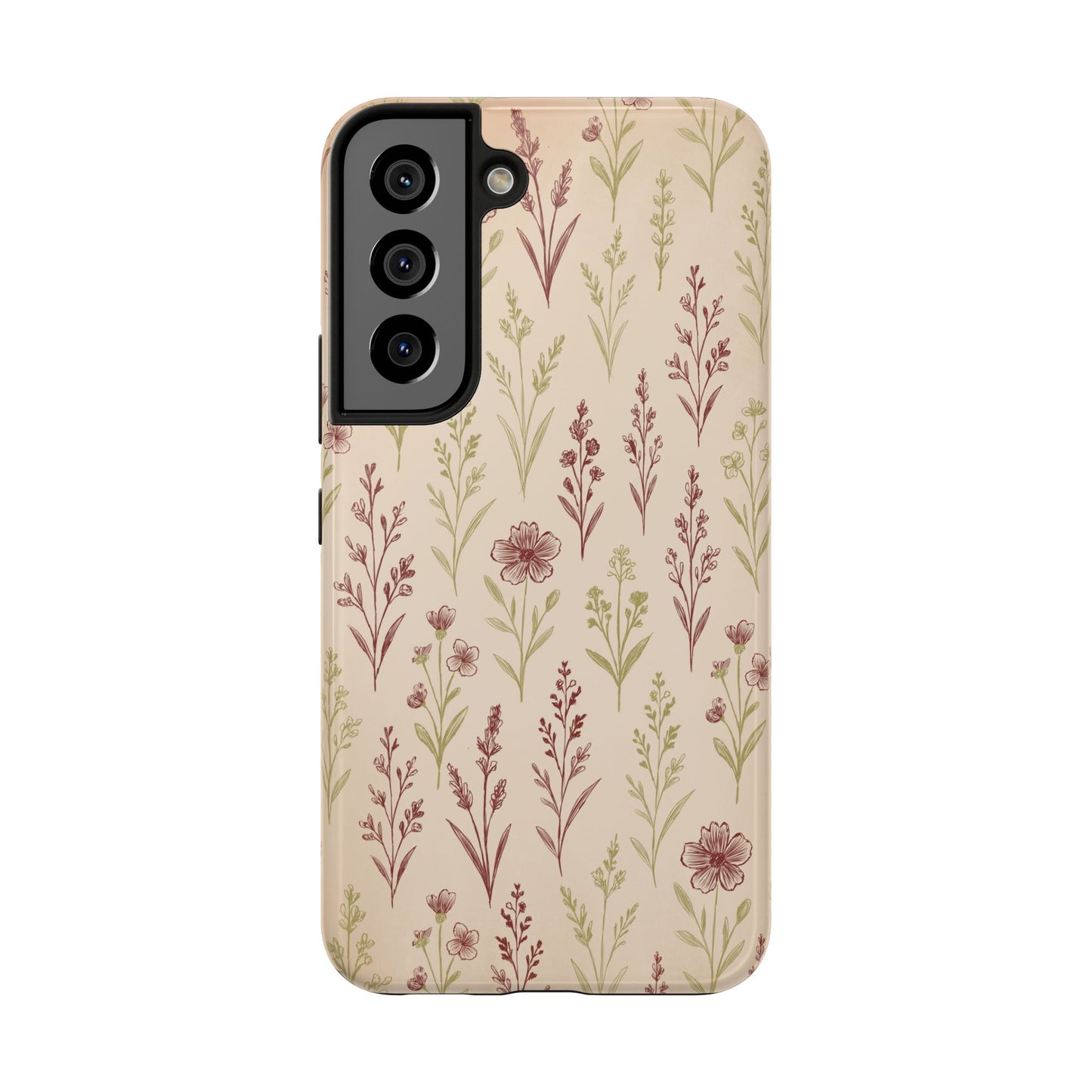 A classic Wildflower Pattern Samsung Galaxy S22 case showcasing illustrated wildflowers by Jordan Kempain displayed on a white background.