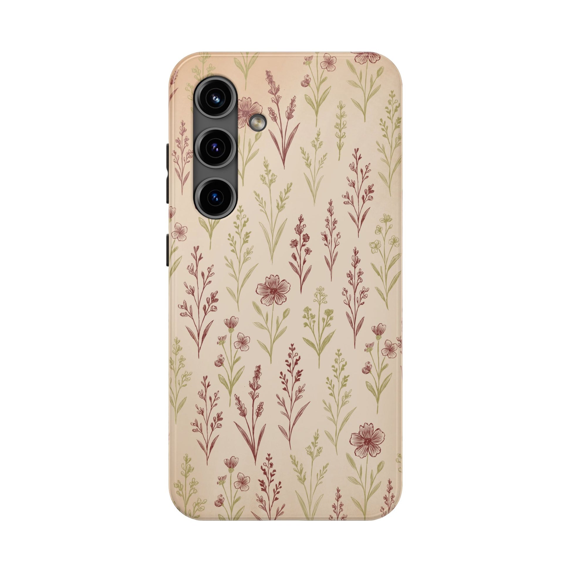 A classic Wildflower Pattern Samsung Galaxy S24 case showcasing illustrated wildflowers by Jordan Kempain displayed on a white background.