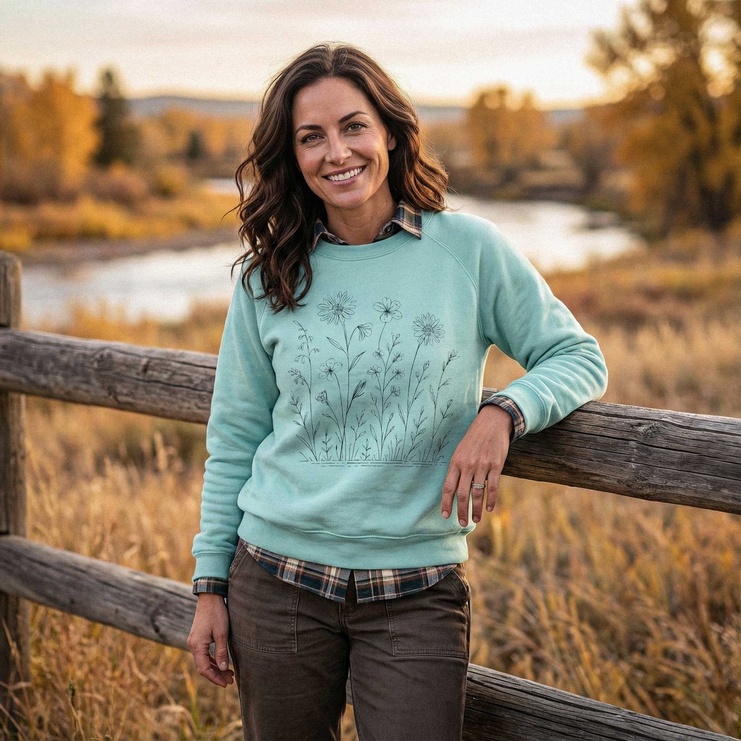 Lifestyle view of The Prairie botanical sweatshirt worn in a high-summer field, highlighting the breathable 6.4 oz field-weight construction.