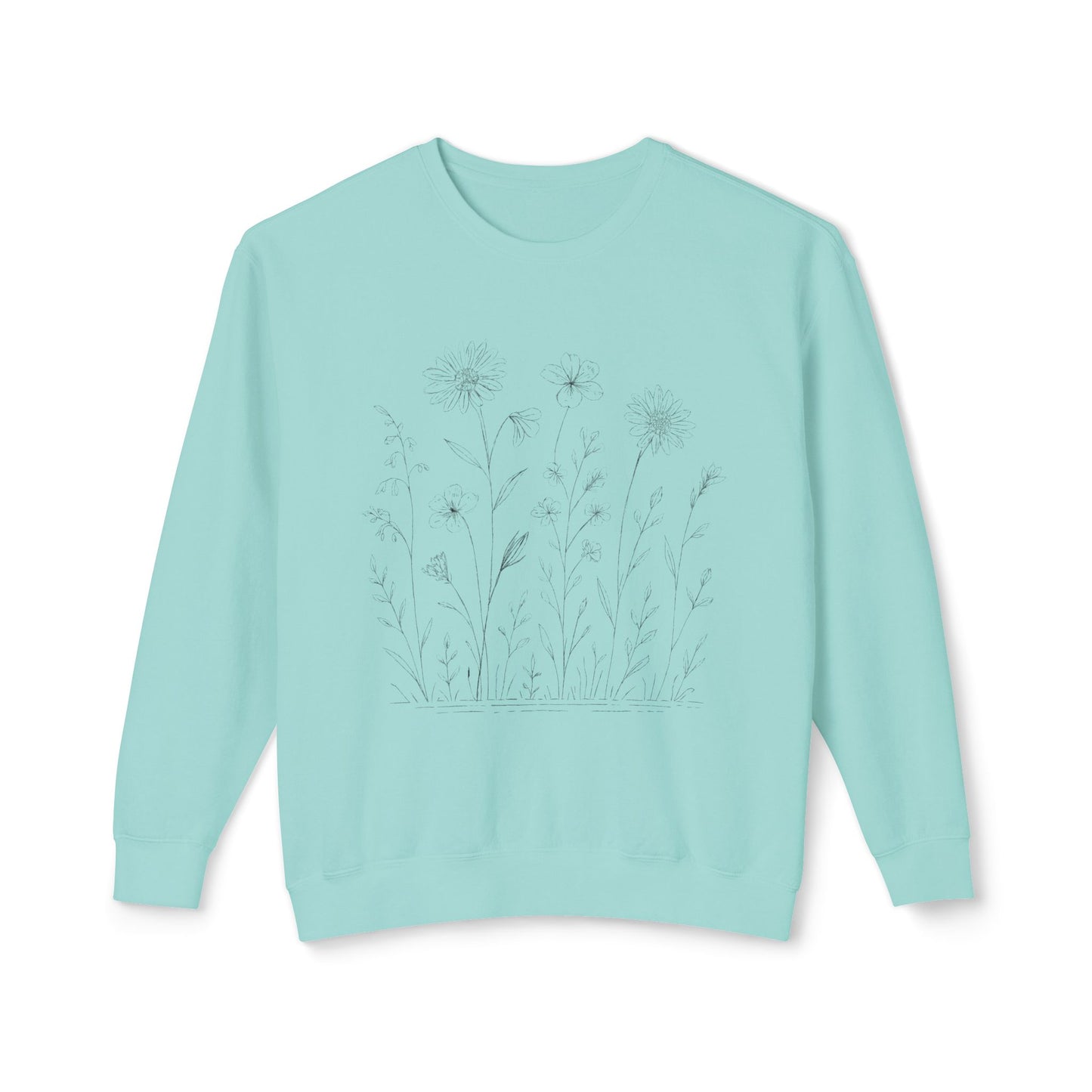 The Prairie artist-led lightweight sweatshirt in Chalky Mint, featuring a hand-drawn technical botanical illustration of wild blooms on 100% natural cotton.