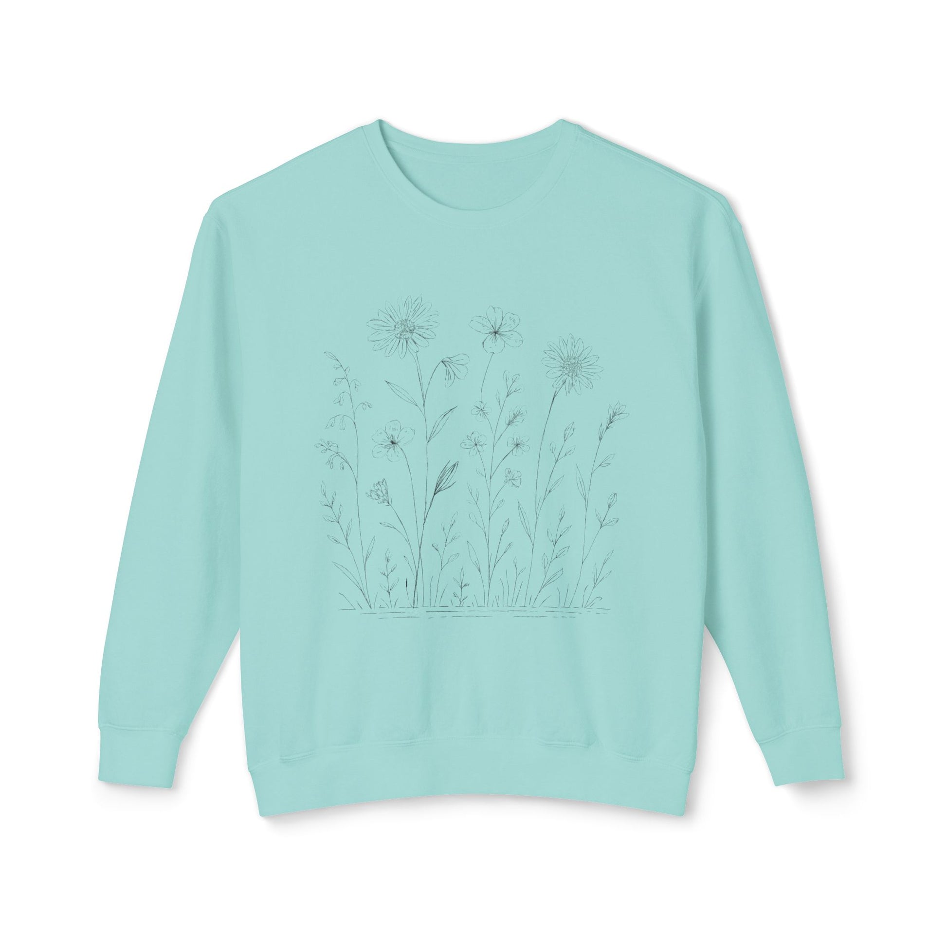 The Prairie artist-led lightweight sweatshirt in Chalky Mint, featuring a hand-drawn technical botanical illustration of wild blooms on 100% natural cotton.