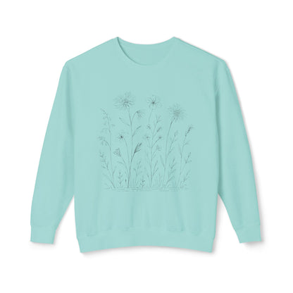 The Prairie artist-led lightweight sweatshirt in Chalky Mint, featuring a hand-drawn technical botanical illustration of wild blooms on 100% natural cotton.