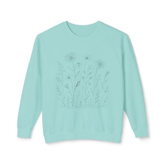 The Prairie artist-led lightweight sweatshirt in Chalky Mint, featuring a hand-drawn technical botanical illustration of wild blooms on 100% natural cotton.