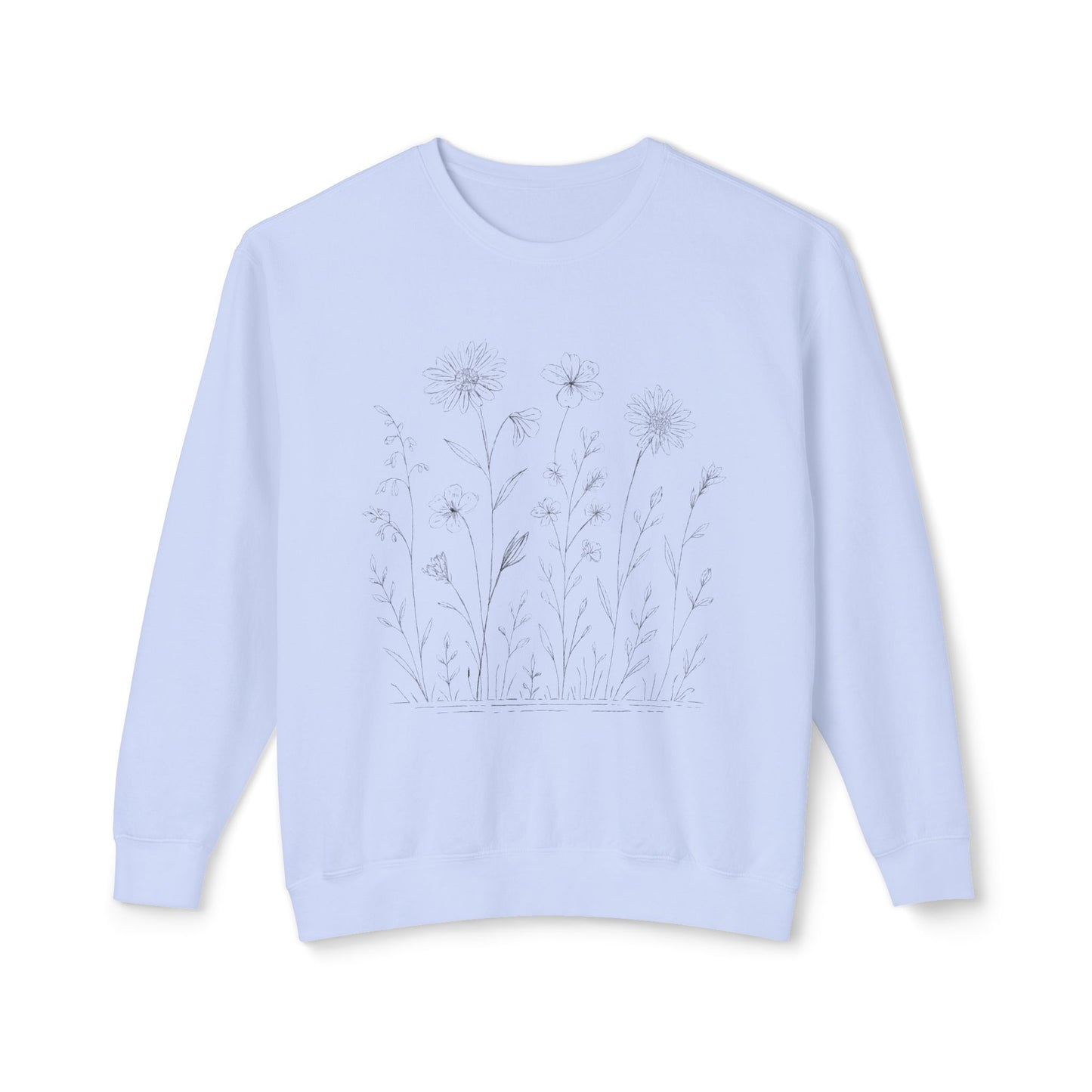 The Prairie artist-led lightweight sweatshirt in Hydrangea, showcasing resilient wild bloom illustrations on garment-dyed fabric.