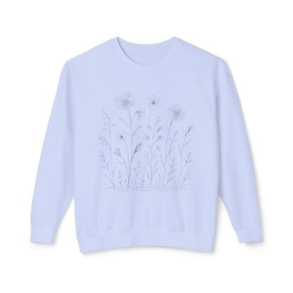 The Prairie artist-led lightweight sweatshirt in Hydrangea, showcasing resilient wild bloom illustrations on garment-dyed fabric.