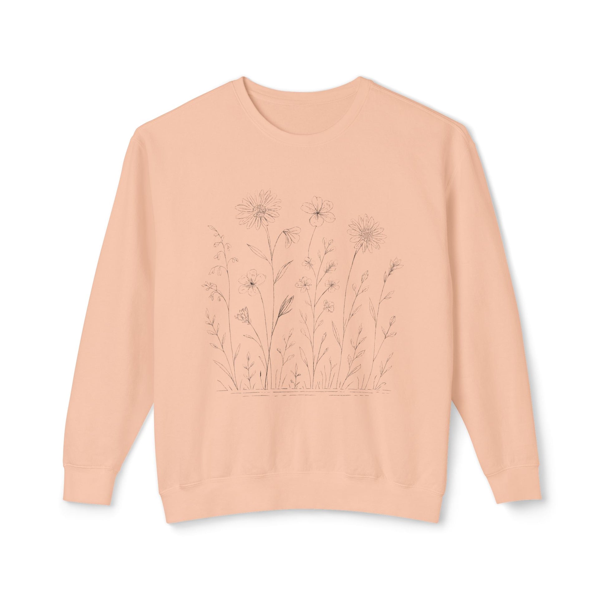 The Prairie botanical study sweatshirt in a warm peachy tone, rendered with technical studio precision on breathable 6.4 oz cotton.