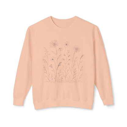 The Prairie botanical study sweatshirt in a warm peachy tone, rendered with technical studio precision on breathable 6.4 oz cotton.