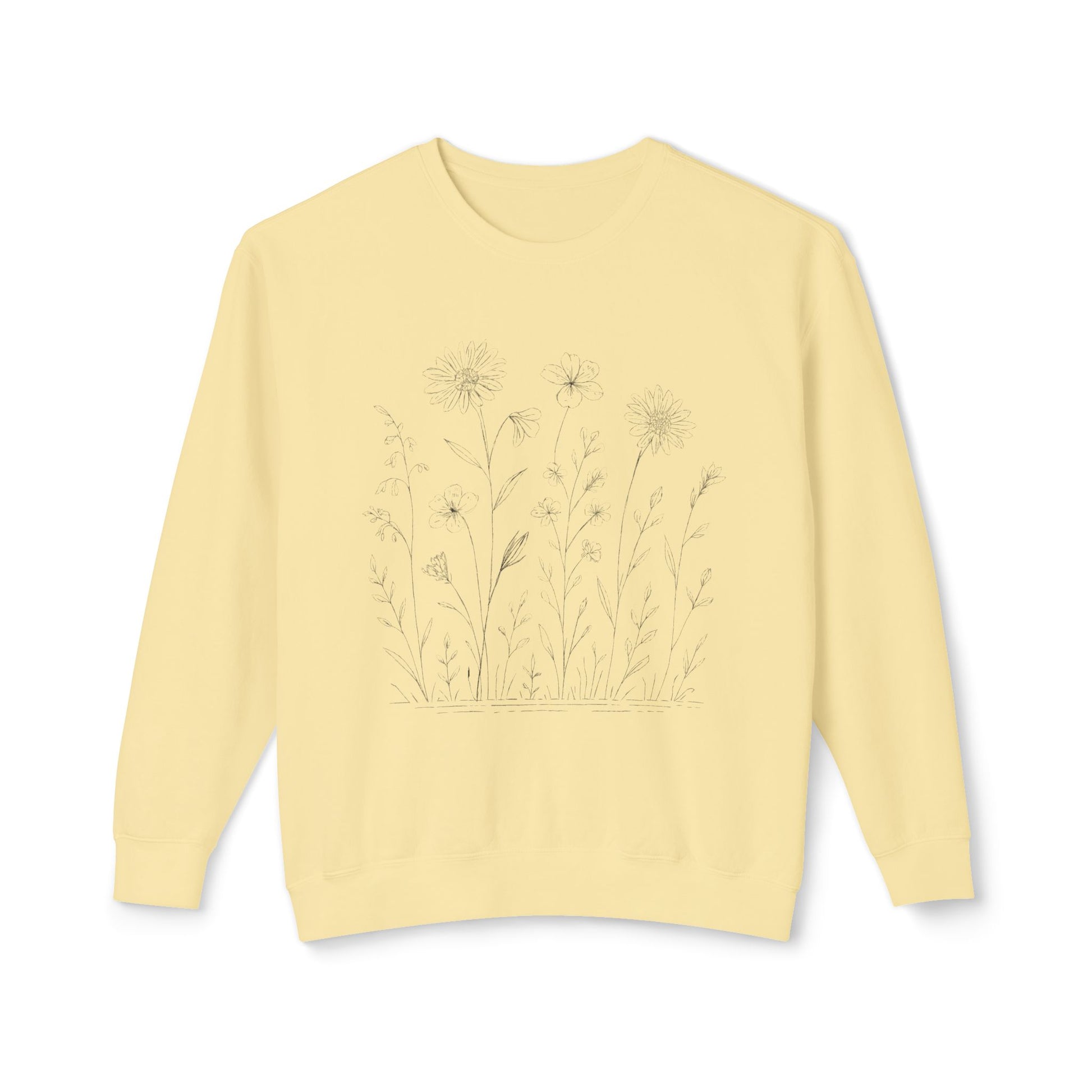 The Prairie artist-led sweatshirt in light yellow "butter", featuring high-contrast black-ink botanical linework on a natural fiber field-blank.