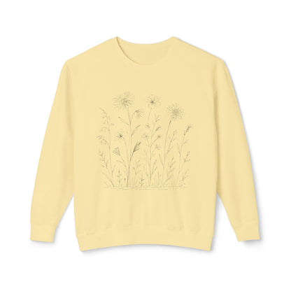 The Prairie artist-led sweatshirt in light yellow "butter", featuring high-contrast black-ink botanical linework on a natural fiber field-blank.