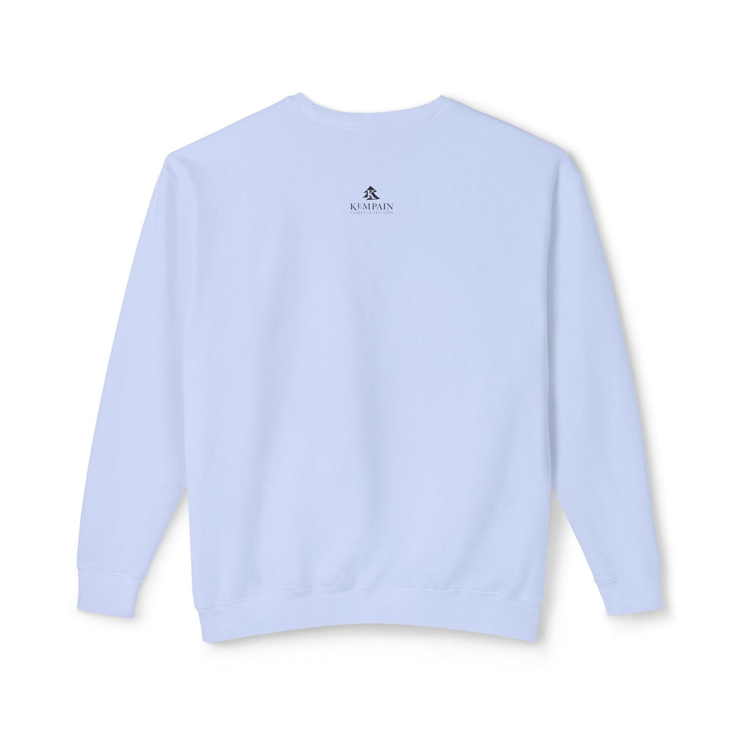 Back view of the Hydrangea Prairie sweatshirt illustrating the classic silhouette and recoverable 1x1 ribbed hem.