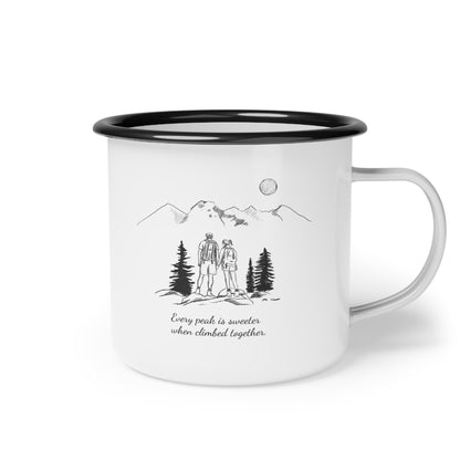 Detailed pen and ink line illustration of a hiking couple on the front of The Summit Bond enamel camp mug, hand-drawn in the Kempain studio.