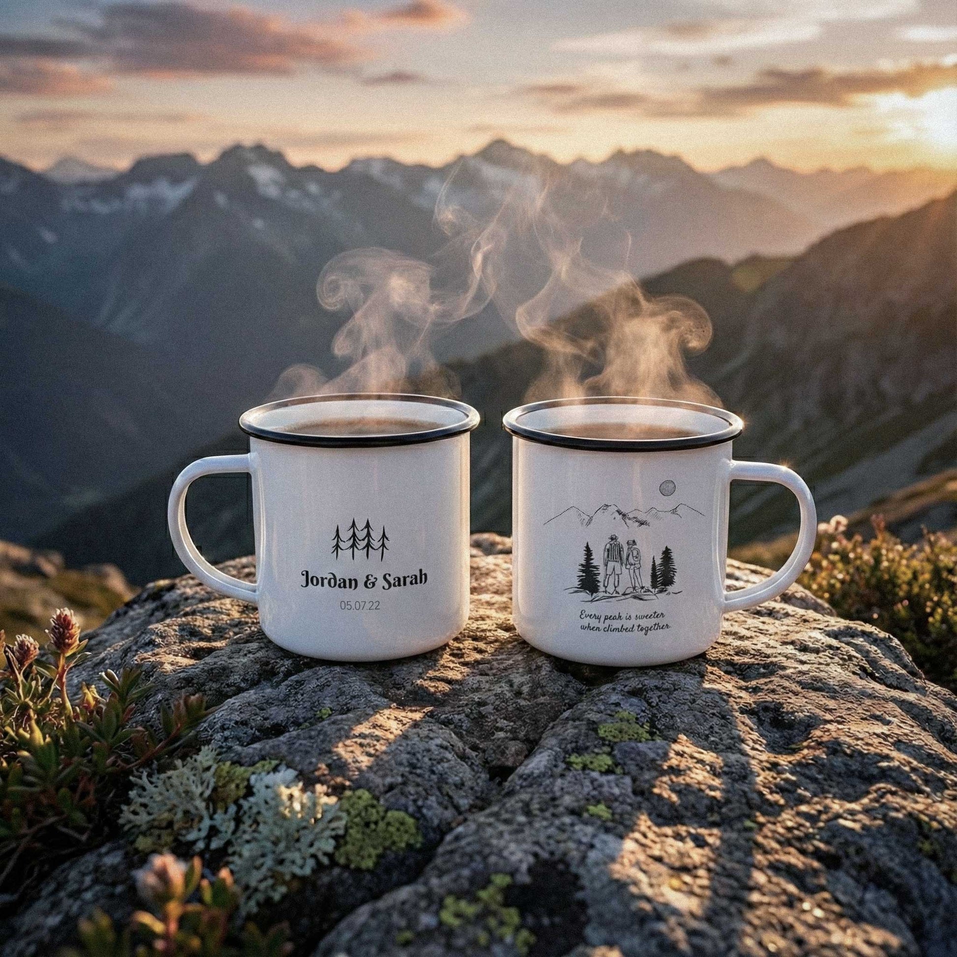 A lifestyle view of The Summit Bond personalized hiking mug resting on mountain peak rocks, displaying both sides of the artist-led design filled with trail-side coffee.