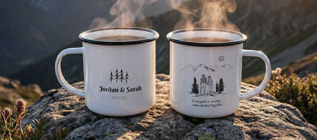 Two mugs with personalized designs on a mountain top