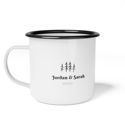 Reverse side of the custom enamel mug showing professionally typeset names and adventure dates integrated with technical timberline tree illustrations.