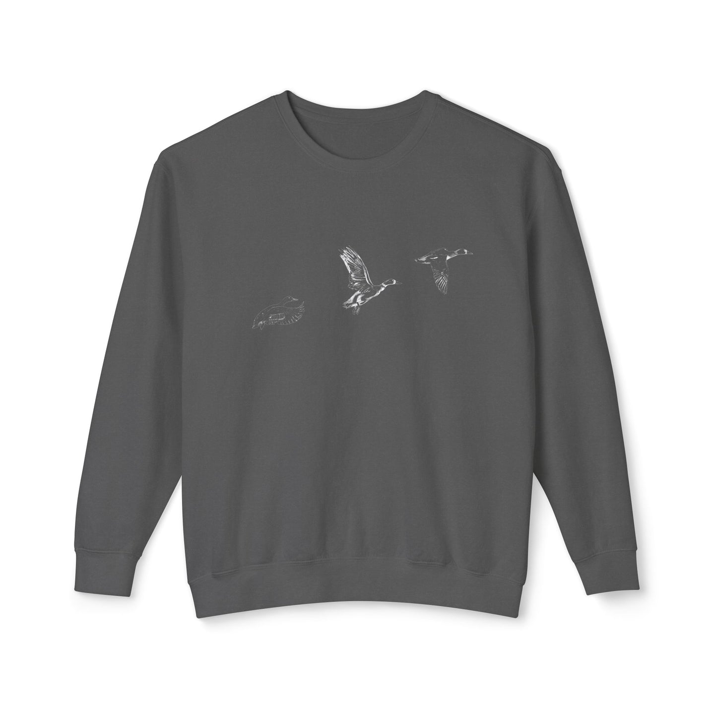 The Three Ducks artist-led lightweight sweatshirt in Charcoal Grey, featuring high-contrast white flight study linework on soft-washed fabric.