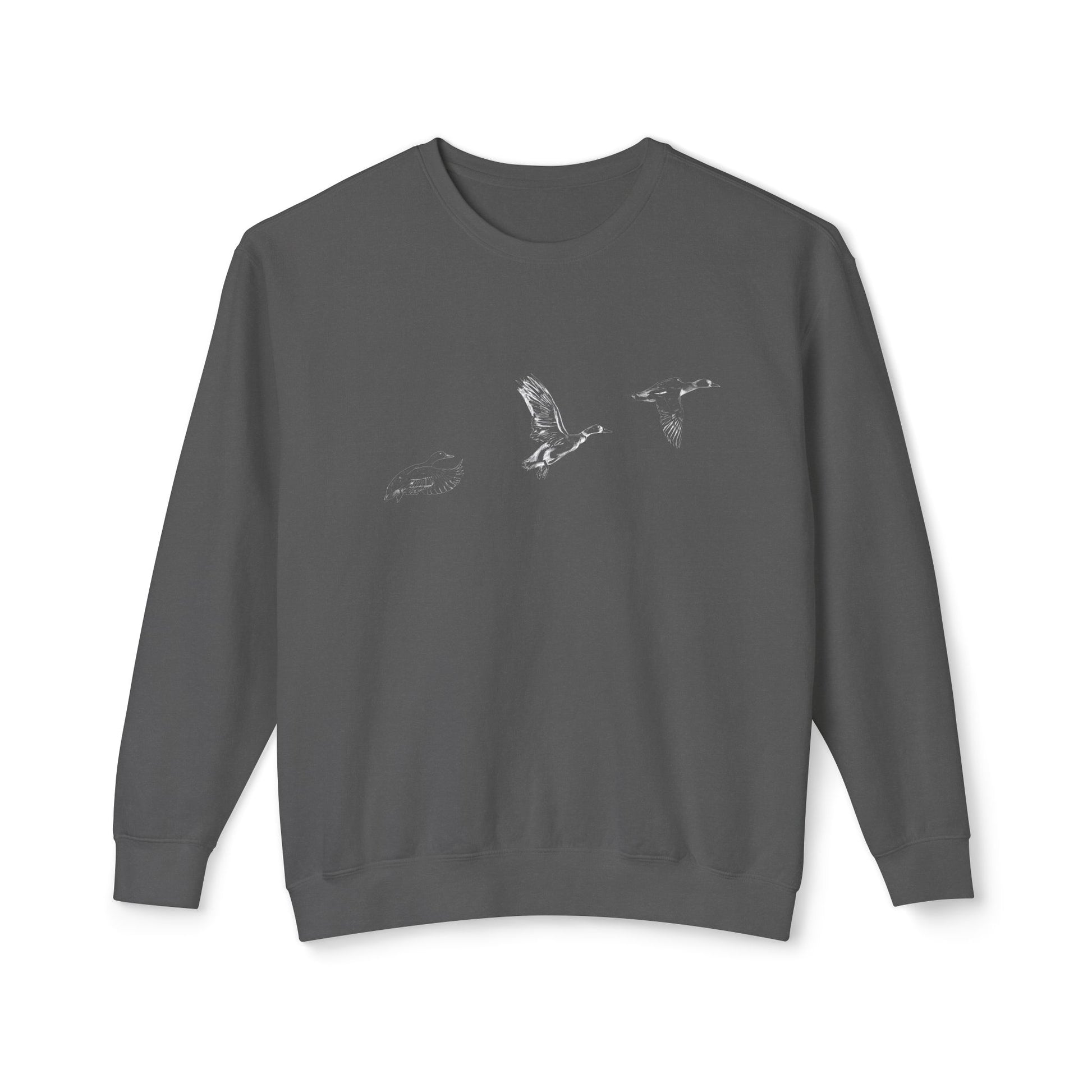 The Three Ducks artist-led lightweight sweatshirt in Charcoal Grey, featuring high-contrast white flight study linework on soft-washed fabric.