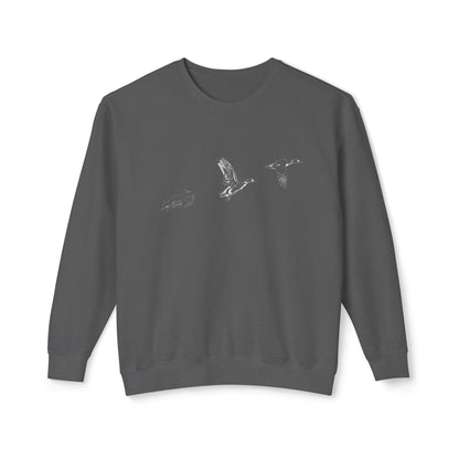 The Three Ducks artist-led lightweight sweatshirt in Charcoal Grey, featuring high-contrast white flight study linework on soft-washed fabric.