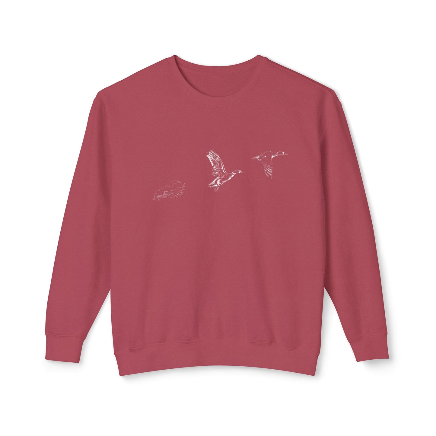 The Three Ducks artist-led lightweight sweatshirt in Crimson, featuring a hand-drawn flight study illustration on 100% natural cotton.