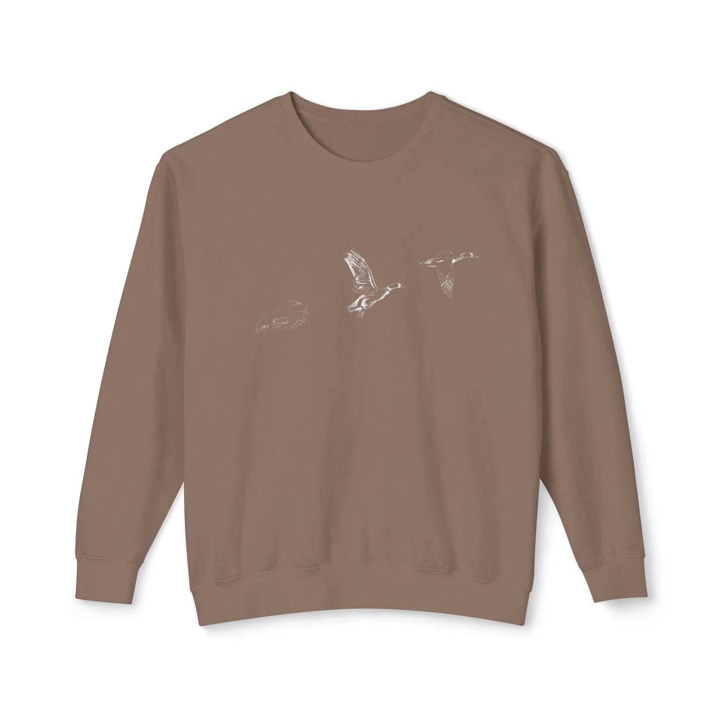 The Three Ducks artist-led lightweight sweatshirt in Khaki Tan "Espresso", featuring a studio rendering of ducks in flight on natural fiber cotton.