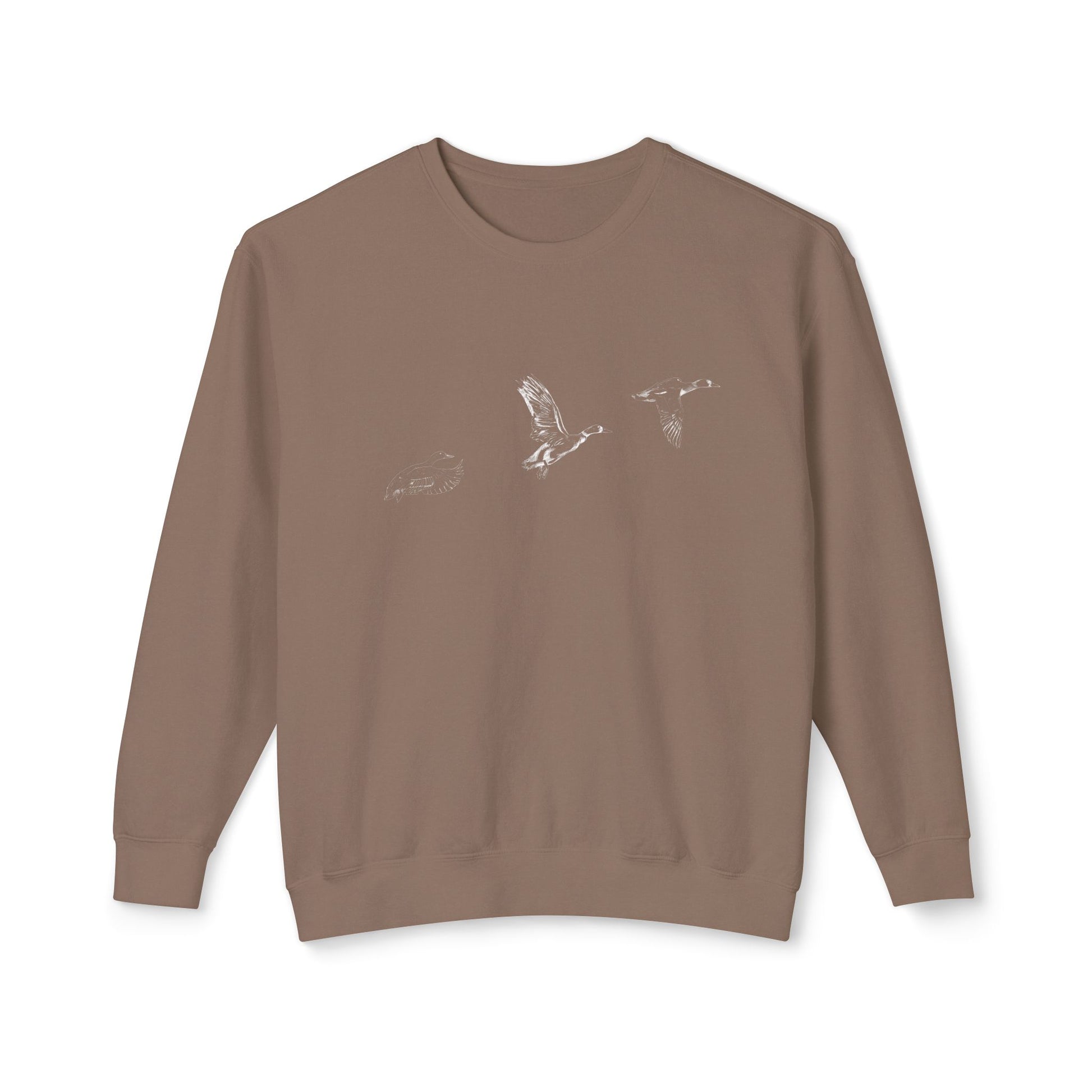 The Three Ducks artist-led lightweight sweatshirt in Khaki Tan "Espresso", featuring a studio rendering of ducks in flight on natural fiber cotton.