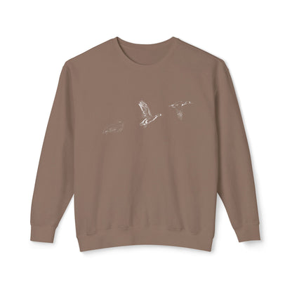 The Three Ducks artist-led lightweight sweatshirt in Khaki Tan "Espresso", featuring a studio rendering of ducks in flight on natural fiber cotton.
