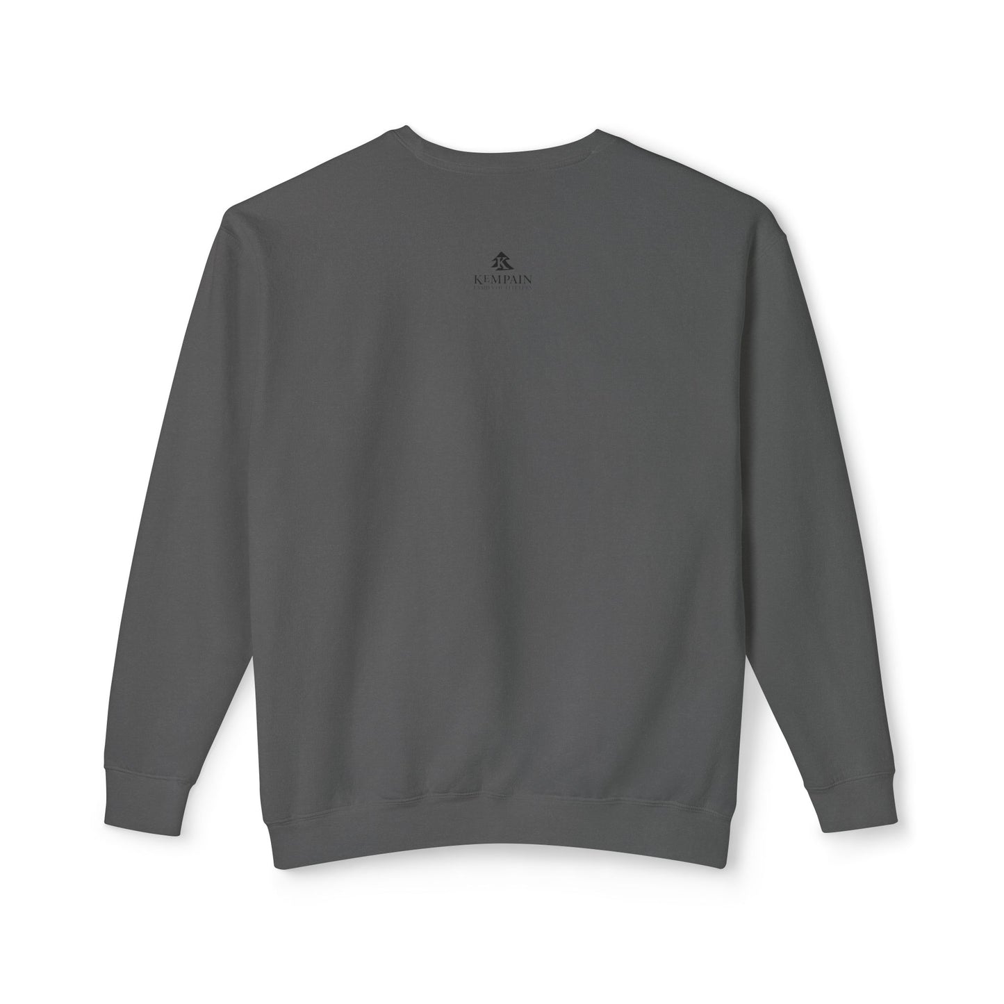 Back view of the Charcoal Grey Three Ducks sweatshirt showcasing the signature Kempain artist-led branding.