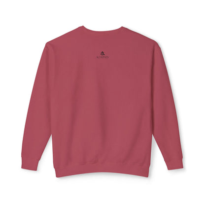 Back view of the Crimson Three Ducks lightweight sweatshirt showing the subtle Kempain studio logo on the outer neck.
