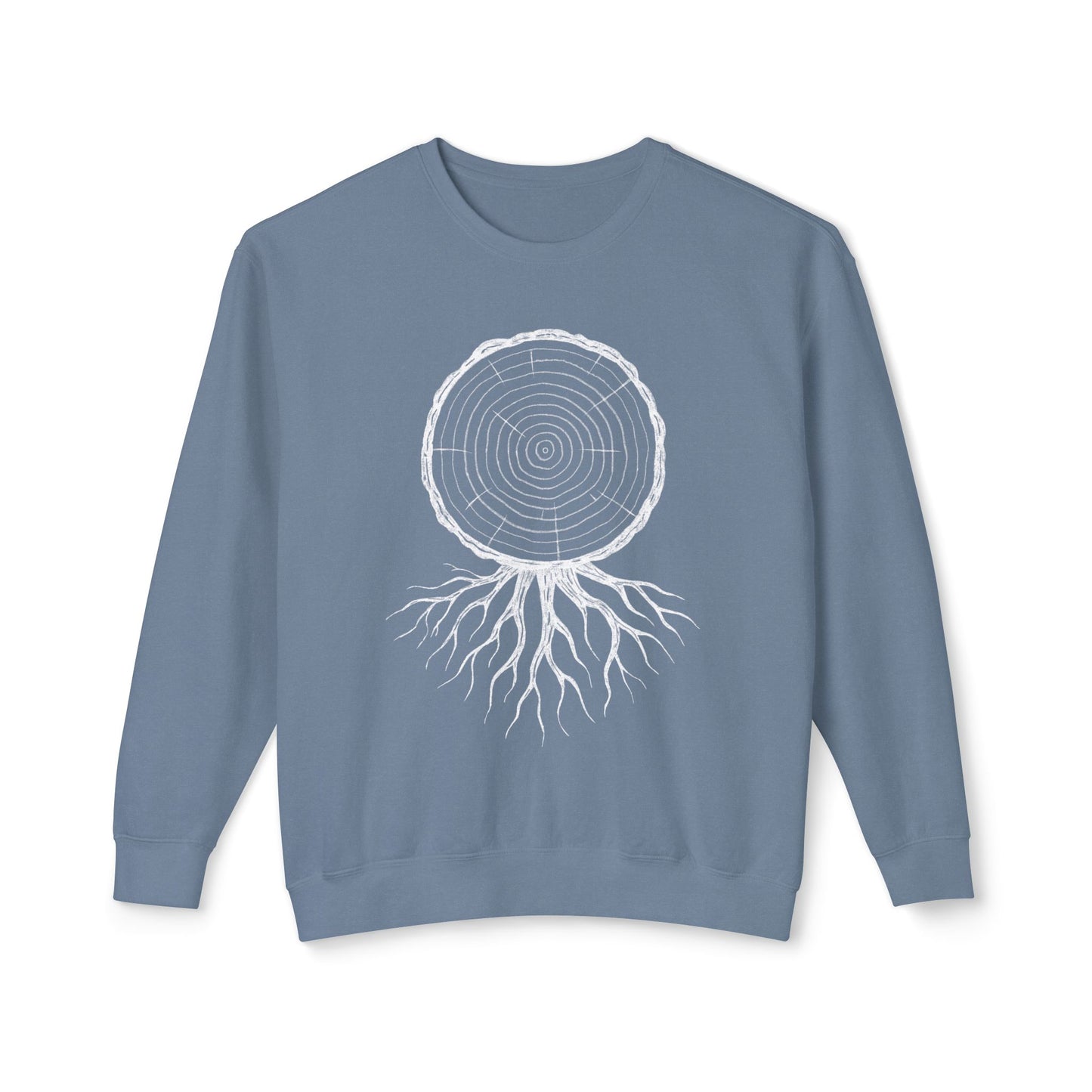 The Timber & Roots artist-led lightweight sweatshirt in Blue Jean, featuring a hand-drawn technical tree ring and root illustration on 100% natural cotton.