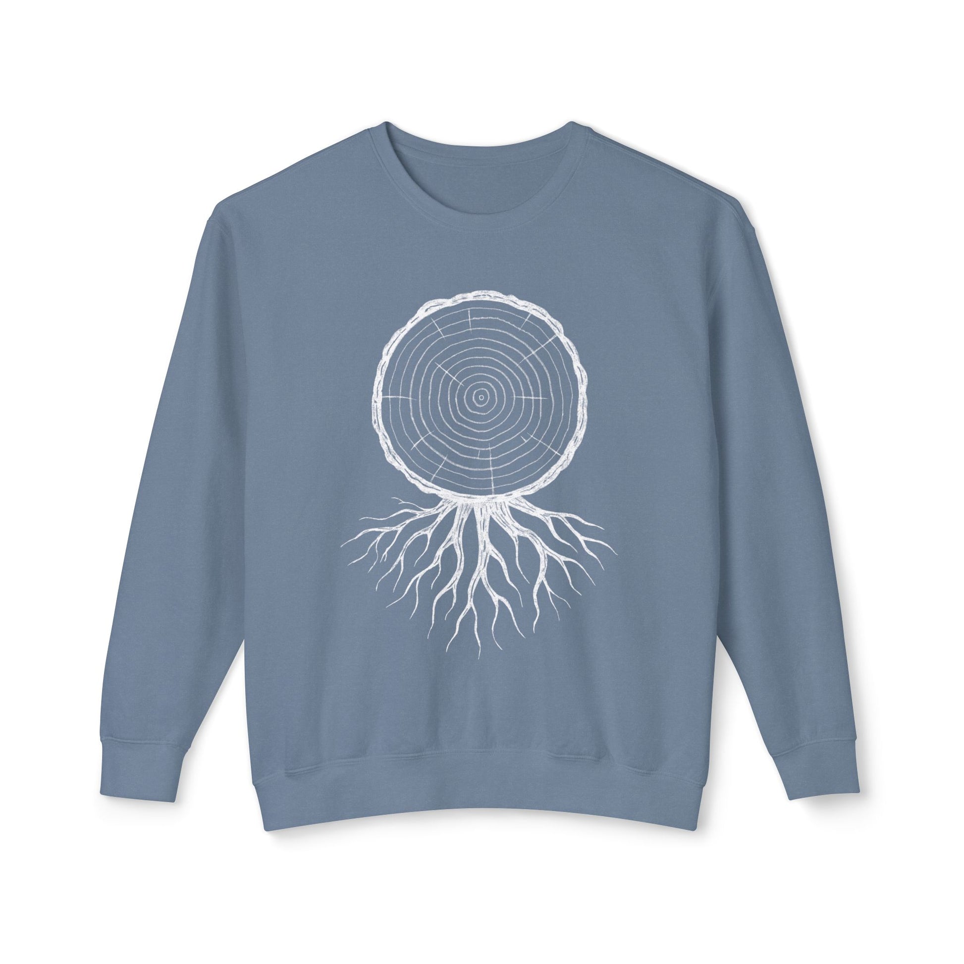 The Timber & Roots artist-led lightweight sweatshirt in Blue Jean, featuring a hand-drawn technical tree ring and root illustration on 100% natural cotton.
