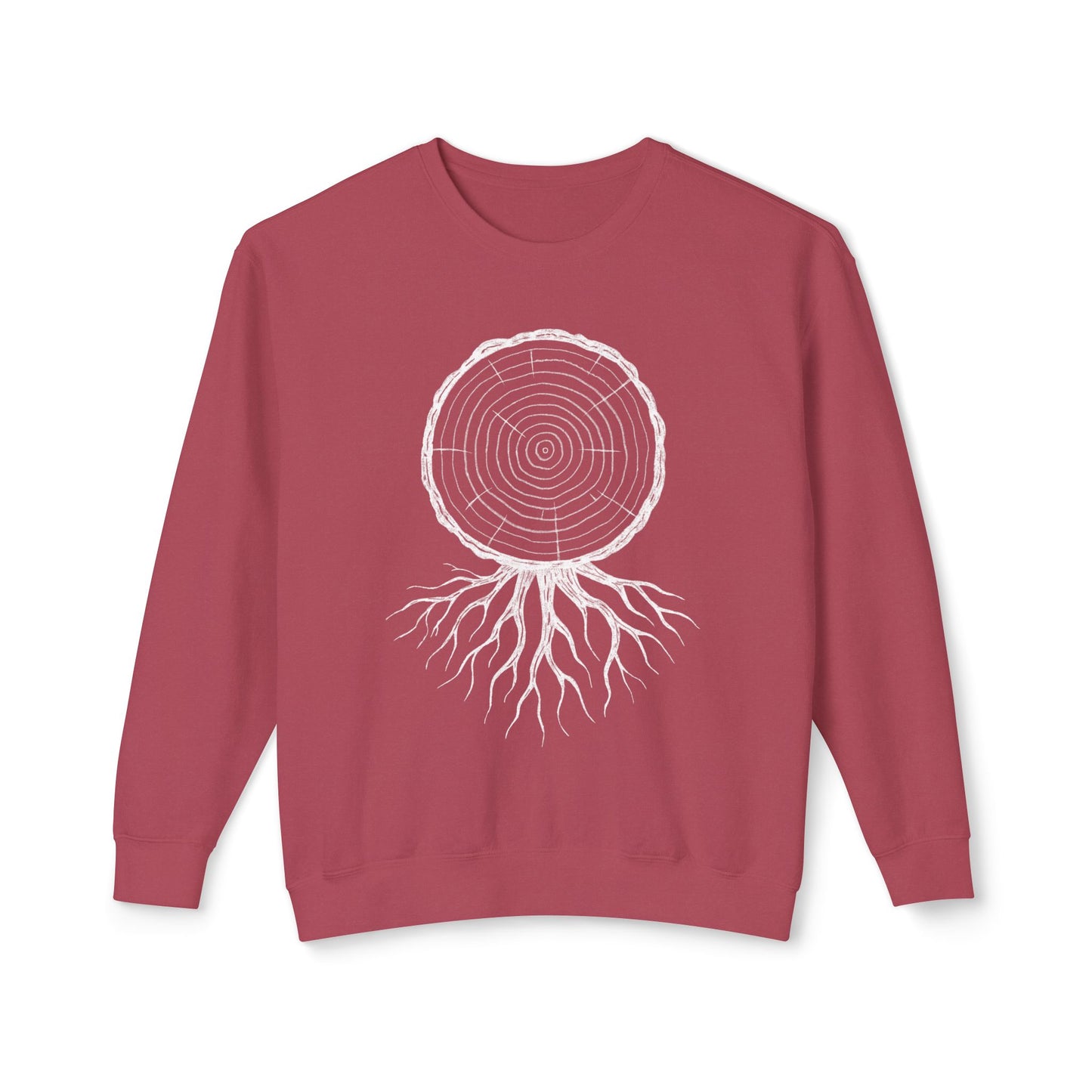 The Timber & Roots artist-led sweatshirt in Crimson, featuring a hand-drawn technical study of timberline geometry and roots.