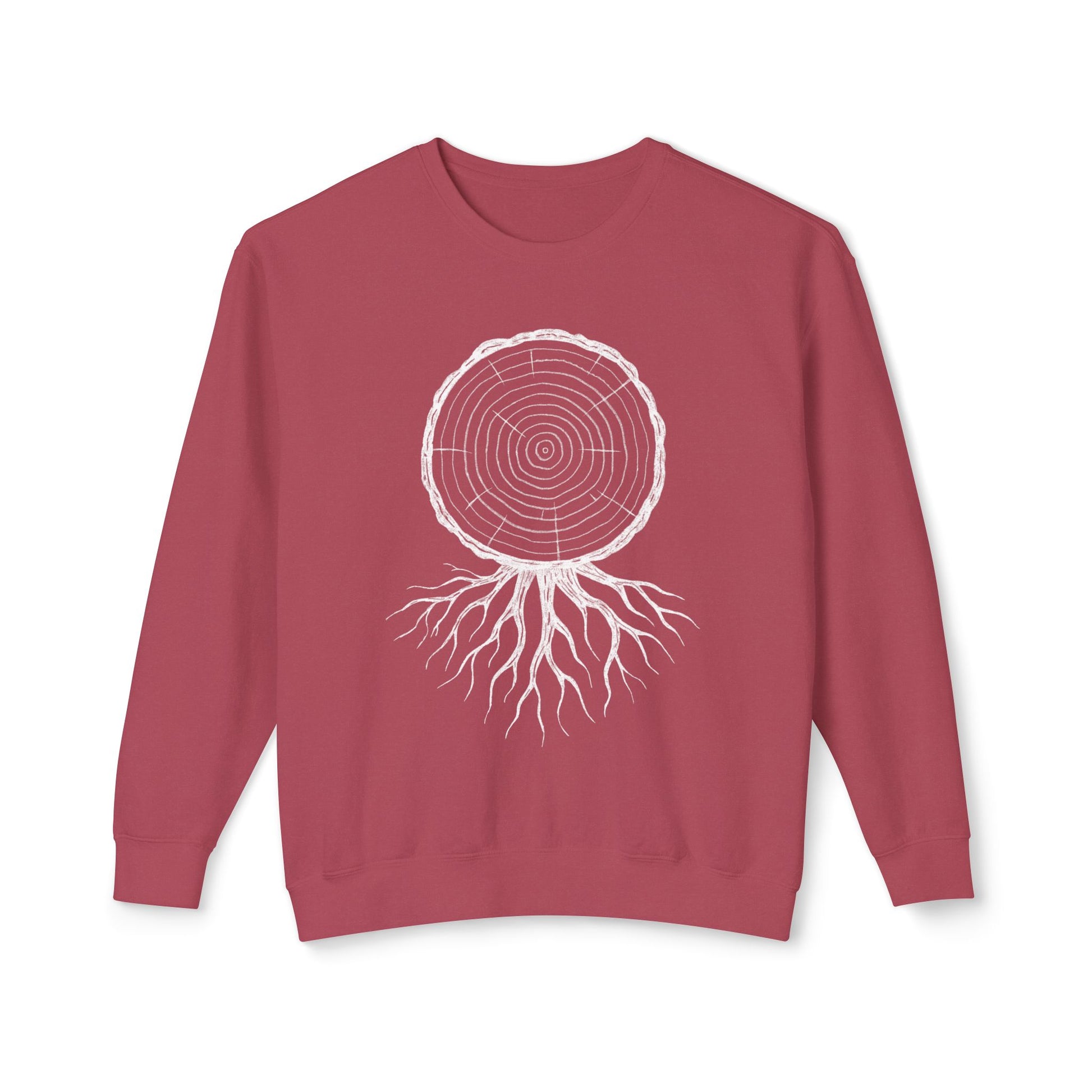 The Timber & Roots artist-led sweatshirt in Crimson, featuring a hand-drawn technical study of timberline geometry and roots.