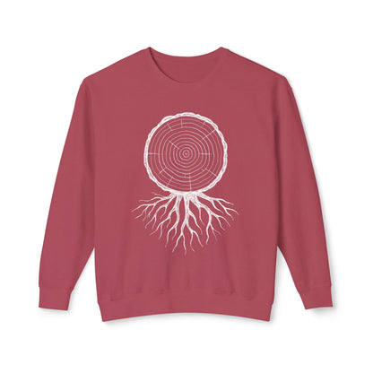 The Timber & Roots artist-led sweatshirt in Crimson, featuring a hand-drawn technical study of timberline geometry and roots.