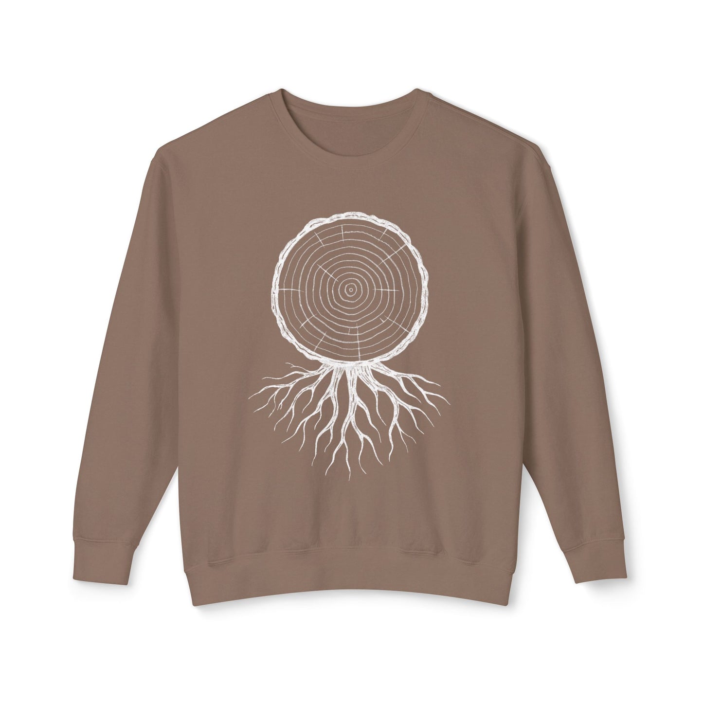 The Timber & Roots artist-led sweatshirt in a rugged brown "Espresso" tone, rendered with high-contrast tree ring and root art on a natural fiber field-blank.