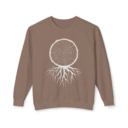 The Timber & Roots artist-led sweatshirt in a rugged brown "Espresso" tone, rendered with high-contrast tree ring and root art on a natural fiber field-blank.