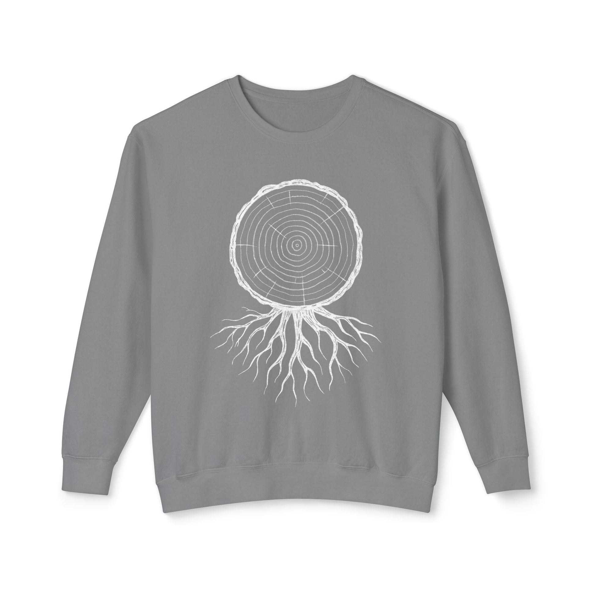 The Timber & Roots lightweight sweatshirt in Grey, showcasing the technical line-art study of forest resilience on garment-dyed cotton.