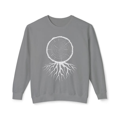 The Timber & Roots lightweight sweatshirt in Grey, showcasing the technical line-art study of forest resilience on garment-dyed cotton.