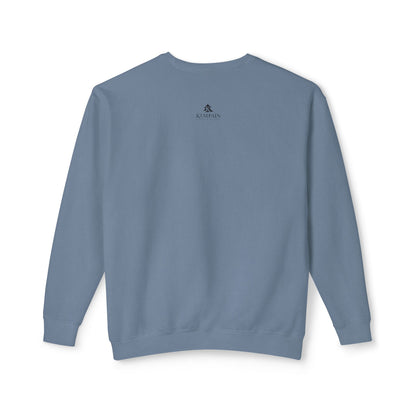 Back view of the Blue Jean Timber & Roots lightweight sweatshirt showing the subtle Kempain studio logo on the outer neck.