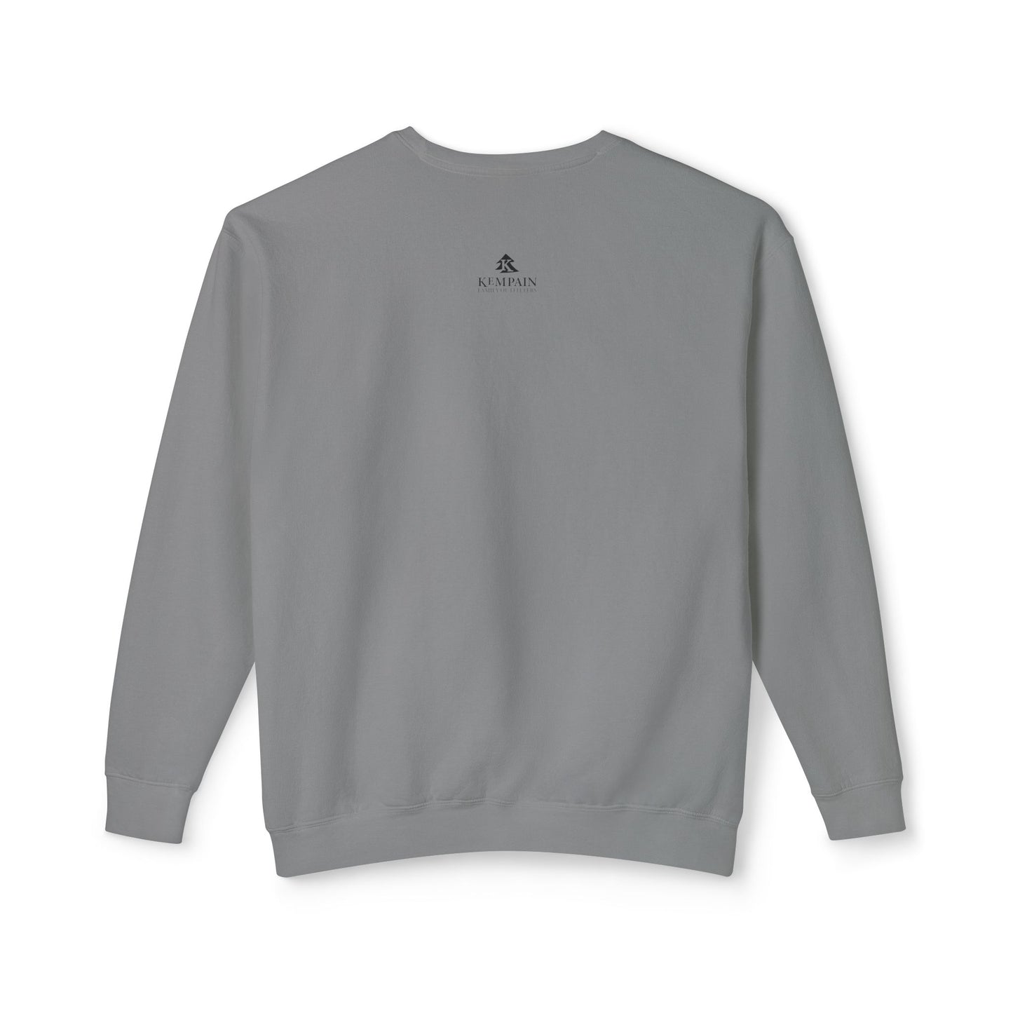 Back view of the Grey lightweight sweatshirt illustrating the signature Kempain artist-led branding on the outer neck.