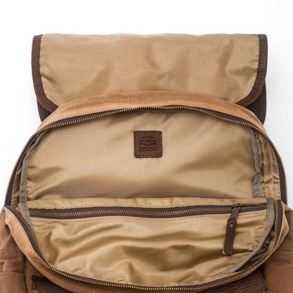 Top compartment view of the Waxed Canvas Backpack in Smoke-Brown by Mission Mercantile Leather Goods.