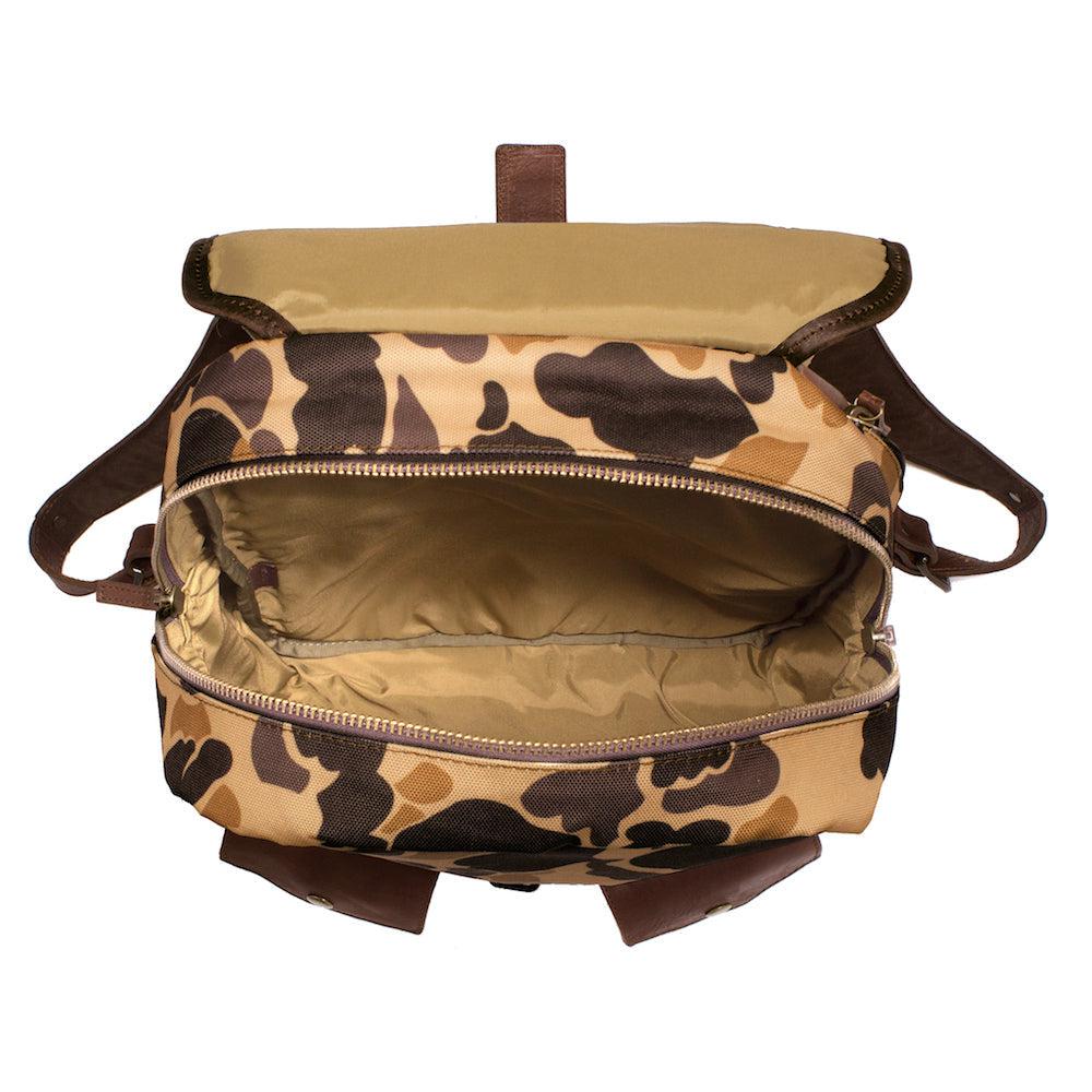 Top open view of The Waxed Canvas Backpack in Smoke-Vintage-Camo by Mission Mercantile Leather Goods.